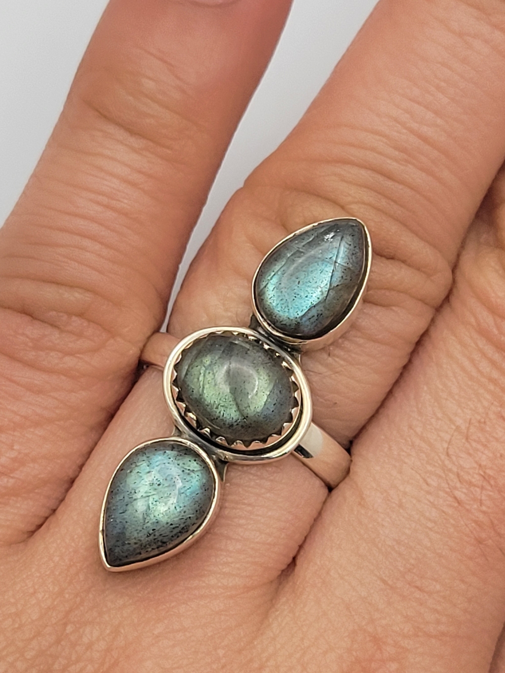 Triple Labradorite Handmade Sterling Ring in Blue-Green Size 6 - NEW